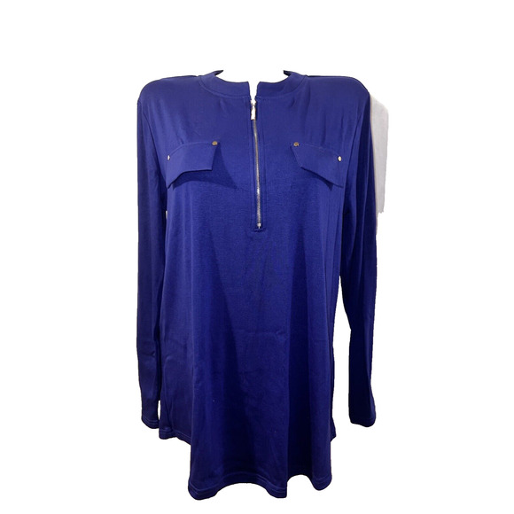 New YA YA BAY Top Women's Size 3XL Royal Blue Zip Neck Roll Tab LS Shirt Tunic - Picture 3 of 8